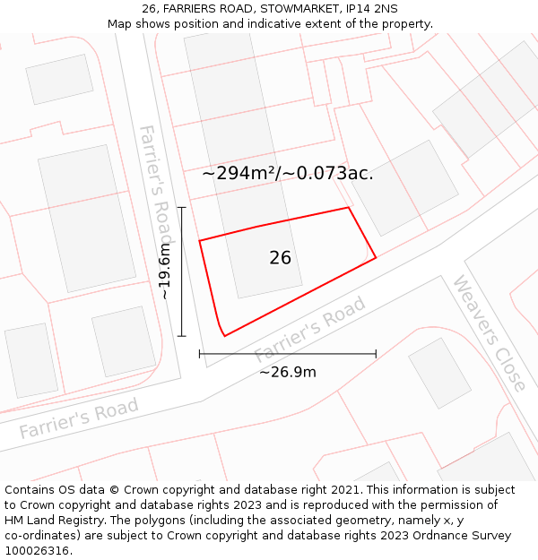 26, FARRIERS ROAD, STOWMARKET, IP14 2NS: Plot and title map