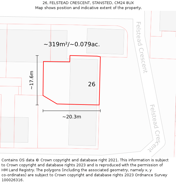 26, FELSTEAD CRESCENT, STANSTED, CM24 8UX: Plot and title map