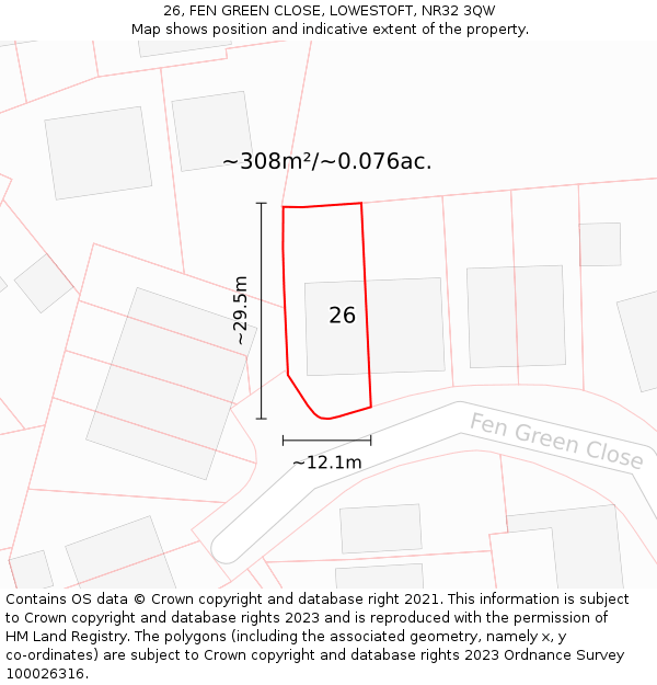 26, FEN GREEN CLOSE, LOWESTOFT, NR32 3QW: Plot and title map