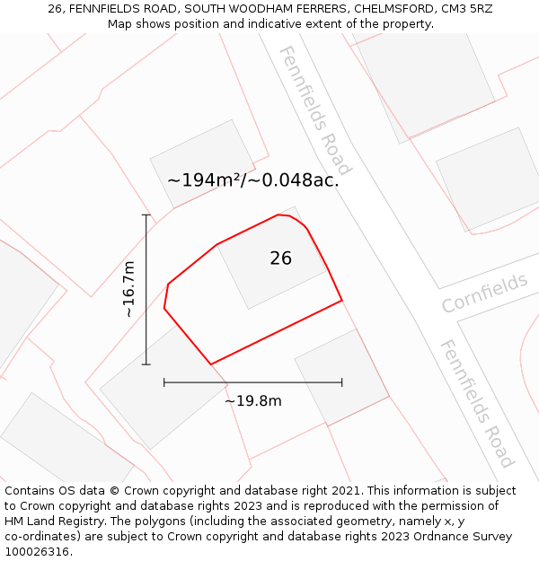 26, FENNFIELDS ROAD, SOUTH WOODHAM FERRERS, CHELMSFORD, CM3 5RZ: Plot and title map