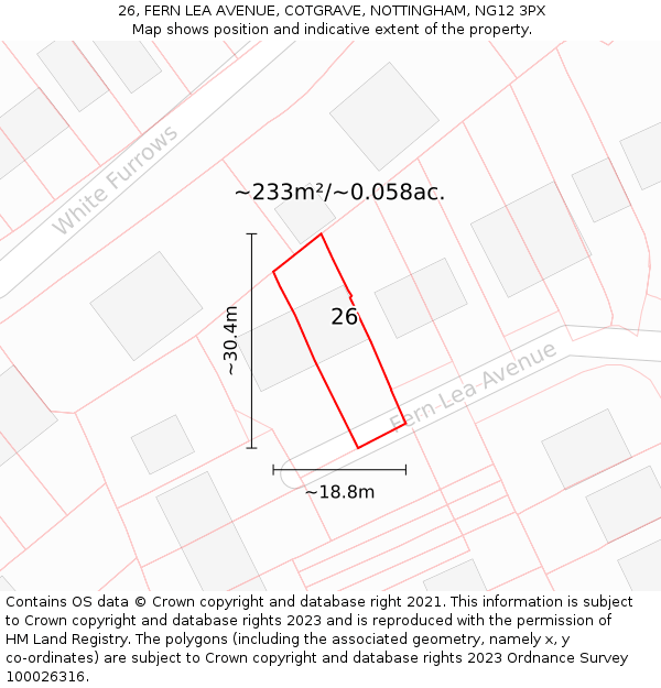 26, FERN LEA AVENUE, COTGRAVE, NOTTINGHAM, NG12 3PX: Plot and title map