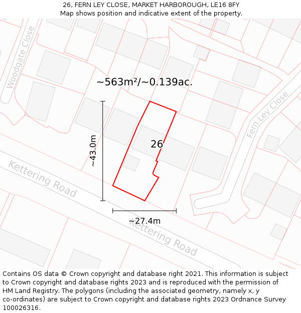 26, FERN LEY CLOSE, MARKET HARBOROUGH, LE16 8FY: Plot and title map