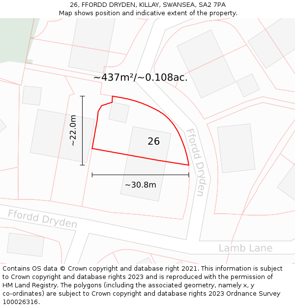 26, FFORDD DRYDEN, KILLAY, SWANSEA, SA2 7PA: Plot and title map