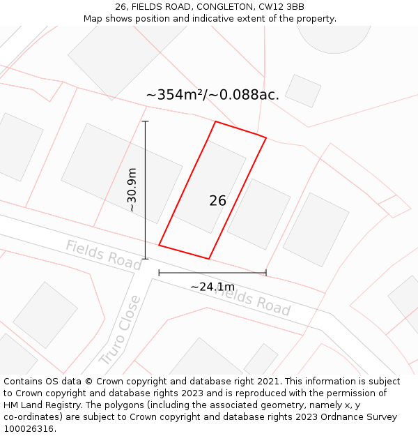 26, FIELDS ROAD, CONGLETON, CW12 3BB: Plot and title map