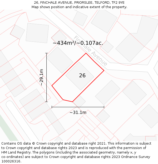 26, FINCHALE AVENUE, PRIORSLEE, TELFORD, TF2 9YE: Plot and title map