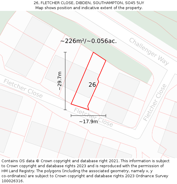 26, FLETCHER CLOSE, DIBDEN, SOUTHAMPTON, SO45 5UY: Plot and title map