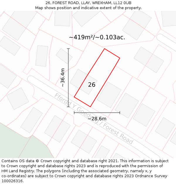 26, FOREST ROAD, LLAY, WREXHAM, LL12 0UB: Plot and title map