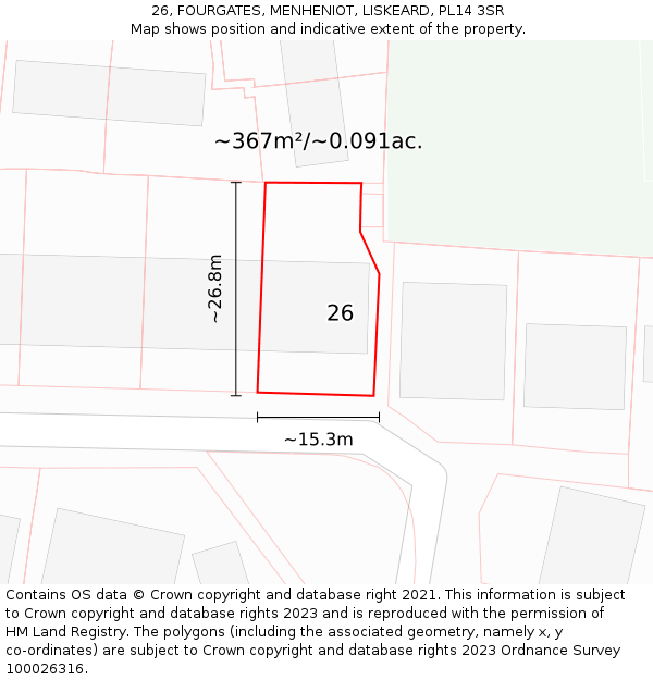 26, FOURGATES, MENHENIOT, LISKEARD, PL14 3SR: Plot and title map