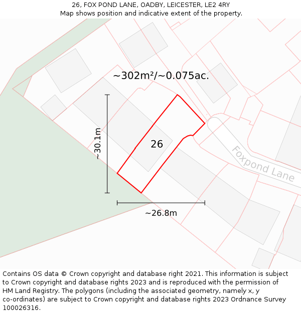 26, FOX POND LANE, OADBY, LEICESTER, LE2 4RY: Plot and title map