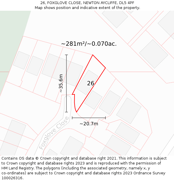 26, FOXGLOVE CLOSE, NEWTON AYCLIFFE, DL5 4PF: Plot and title map