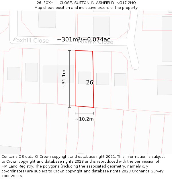 26, FOXHILL CLOSE, SUTTON-IN-ASHFIELD, NG17 2HQ: Plot and title map