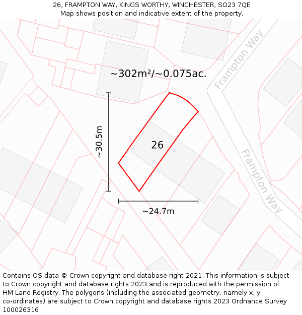 26, FRAMPTON WAY, KINGS WORTHY, WINCHESTER, SO23 7QE: Plot and title map