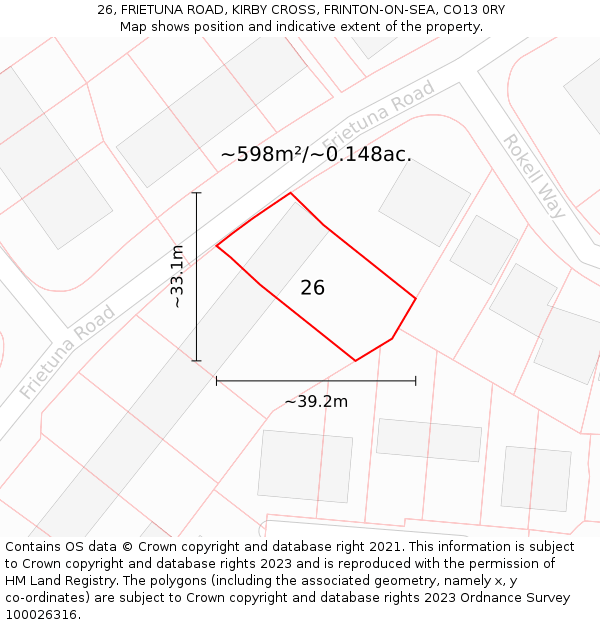 26, FRIETUNA ROAD, KIRBY CROSS, FRINTON-ON-SEA, CO13 0RY: Plot and title map