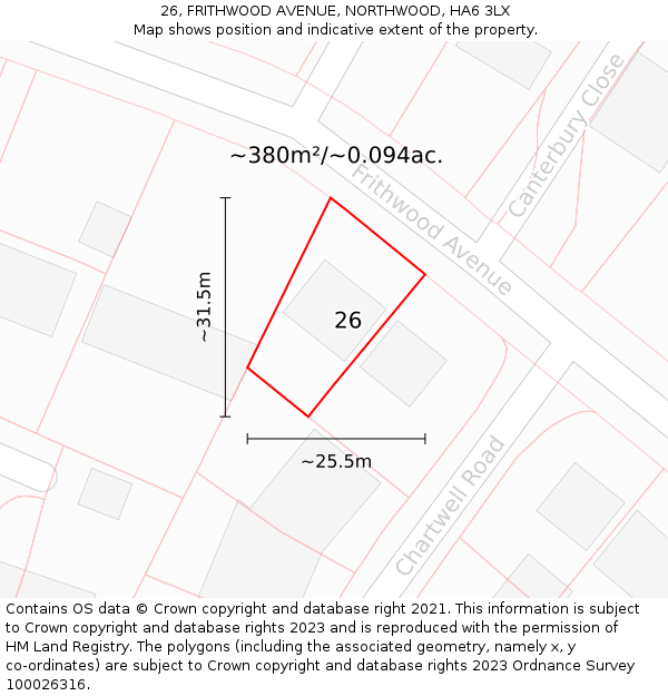 26, FRITHWOOD AVENUE, NORTHWOOD, HA6 3LX: Plot and title map