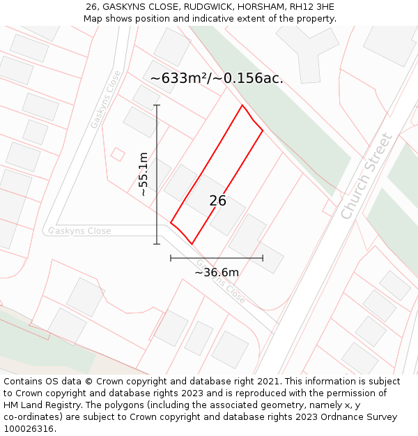26, GASKYNS CLOSE, RUDGWICK, HORSHAM, RH12 3HE: Plot and title map