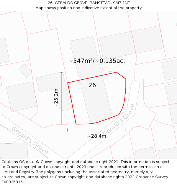 26, GERALDS GROVE, BANSTEAD, SM7 1NE: Plot and title map