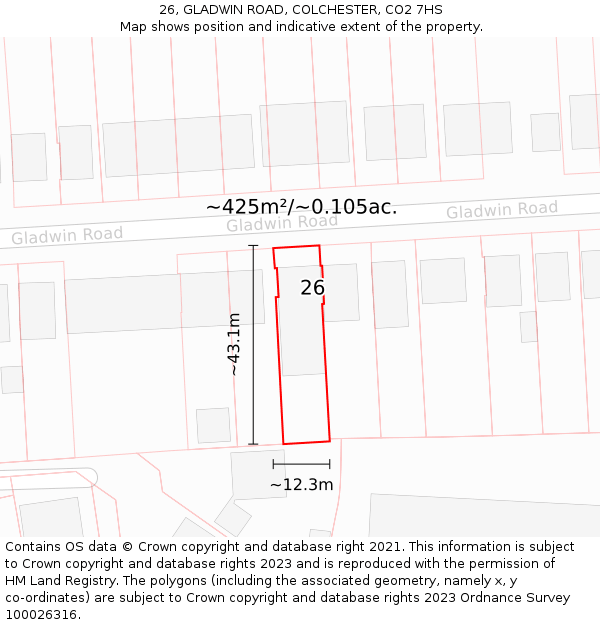 26, GLADWIN ROAD, COLCHESTER, CO2 7HS: Plot and title map