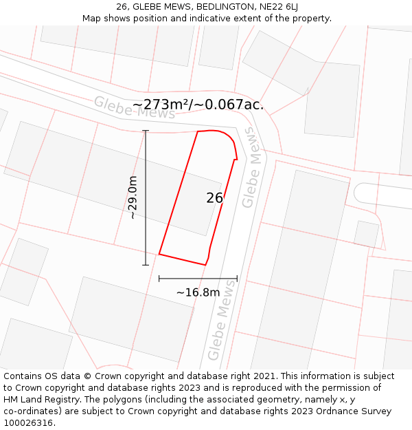 26, GLEBE MEWS, BEDLINGTON, NE22 6LJ: Plot and title map