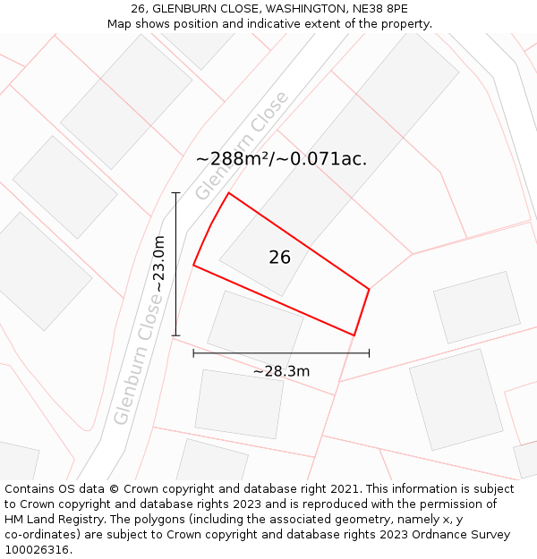 26, GLENBURN CLOSE, WASHINGTON, NE38 8PE: Plot and title map