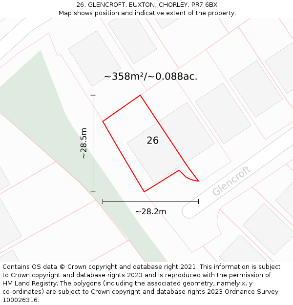 26, GLENCROFT, EUXTON, CHORLEY, PR7 6BX: Plot and title map