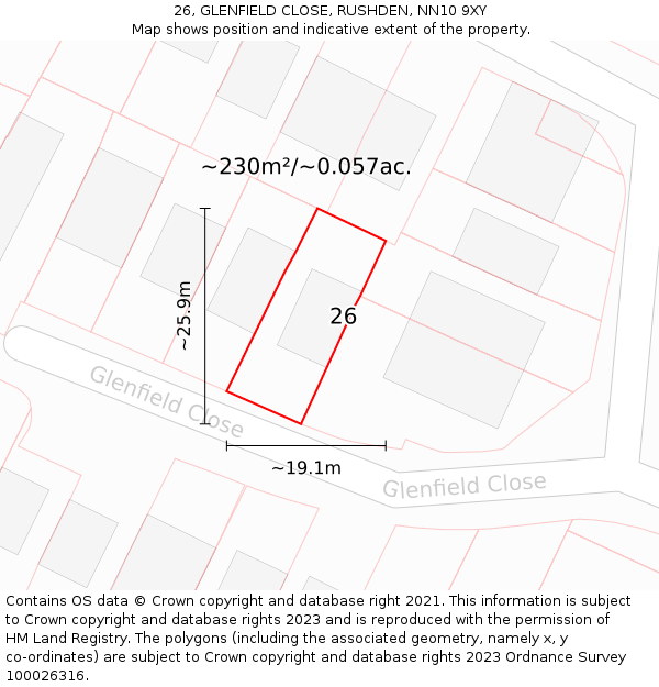 26, GLENFIELD CLOSE, RUSHDEN, NN10 9XY: Plot and title map