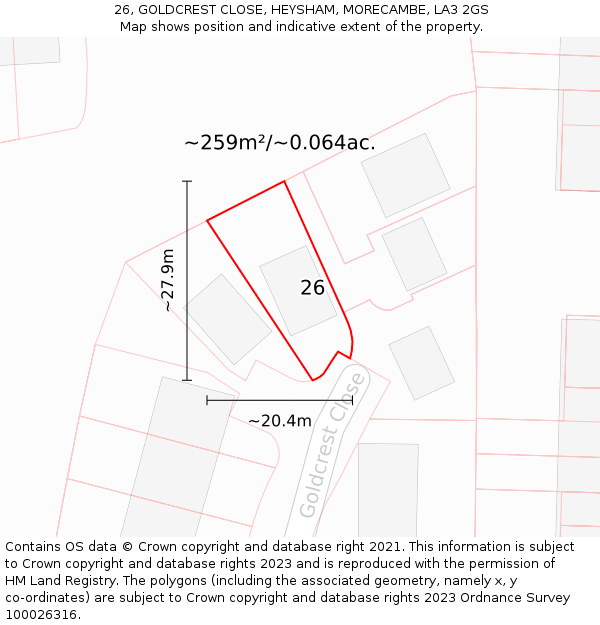 26, GOLDCREST CLOSE, HEYSHAM, MORECAMBE, LA3 2GS: Plot and title map
