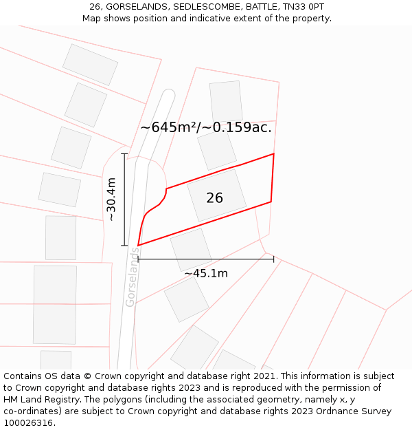 26, GORSELANDS, SEDLESCOMBE, BATTLE, TN33 0PT: Plot and title map