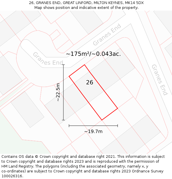 26, GRANES END, GREAT LINFORD, MILTON KEYNES, MK14 5DX: Plot and title map