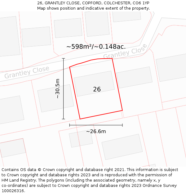 26, GRANTLEY CLOSE, COPFORD, COLCHESTER, CO6 1YP: Plot and title map