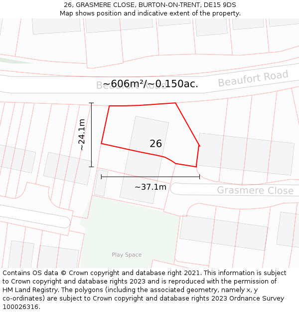 26, GRASMERE CLOSE, BURTON-ON-TRENT, DE15 9DS: Plot and title map