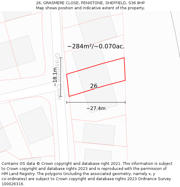 26, GRASMERE CLOSE, PENISTONE, SHEFFIELD, S36 8HP: Plot and title map