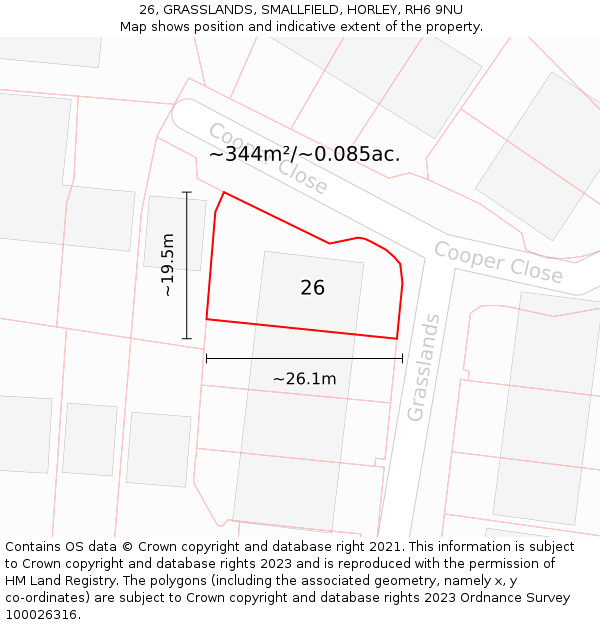 26, GRASSLANDS, SMALLFIELD, HORLEY, RH6 9NU: Plot and title map