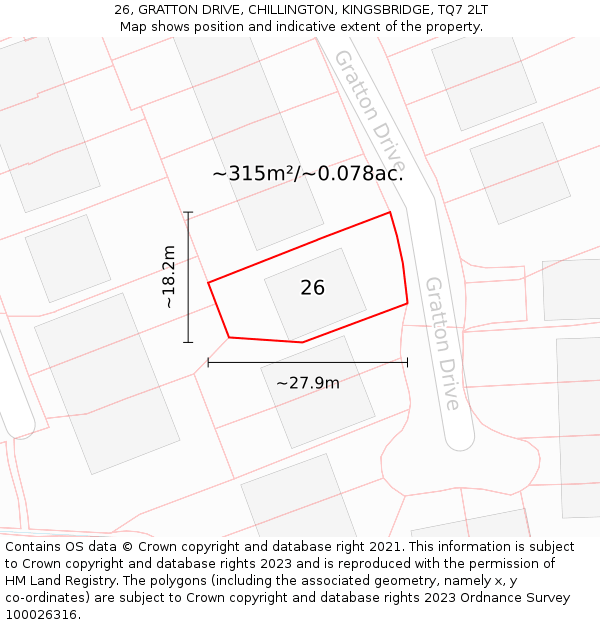 26, GRATTON DRIVE, CHILLINGTON, KINGSBRIDGE, TQ7 2LT: Plot and title map