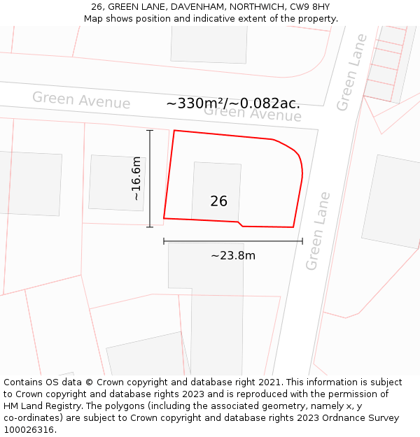 26, GREEN LANE, DAVENHAM, NORTHWICH, CW9 8HY: Plot and title map