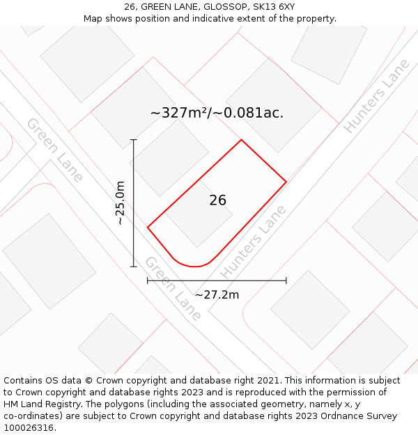 26, GREEN LANE, GLOSSOP, SK13 6XY: Plot and title map