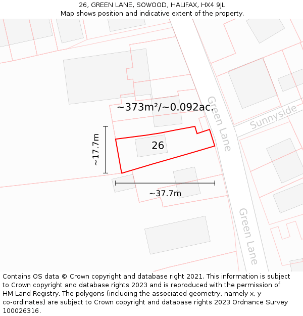 26, GREEN LANE, SOWOOD, HALIFAX, HX4 9JL: Plot and title map