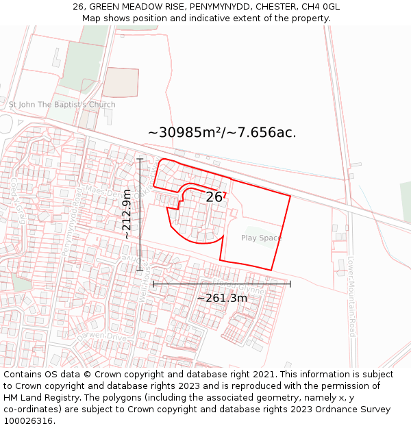 26, GREEN MEADOW RISE, PENYMYNYDD, CHESTER, CH4 0GL: Plot and title map