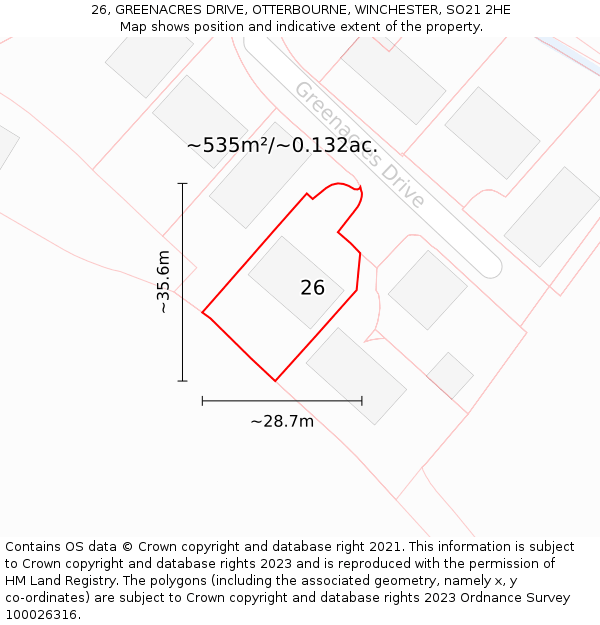 26, GREENACRES DRIVE, OTTERBOURNE, WINCHESTER, SO21 2HE: Plot and title map