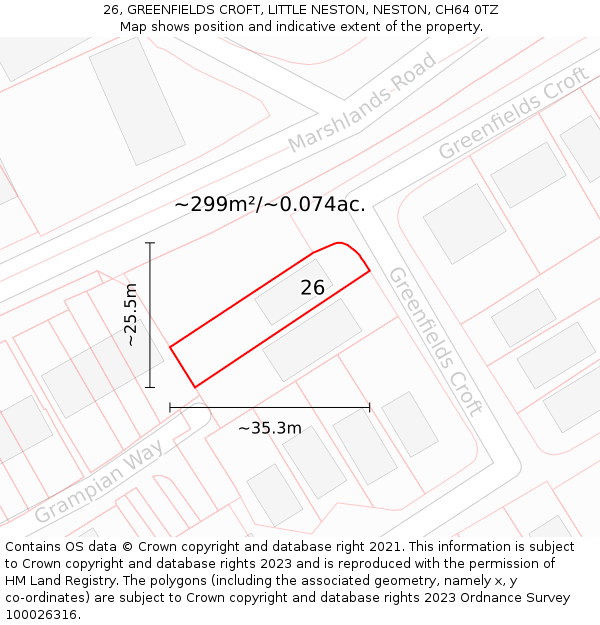 26, GREENFIELDS CROFT, LITTLE NESTON, NESTON, CH64 0TZ: Plot and title map