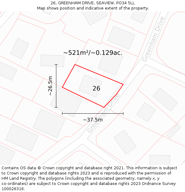 26, GREENHAM DRIVE, SEAVIEW, PO34 5LL: Plot and title map