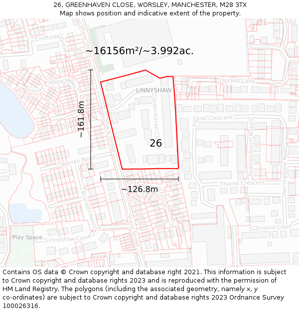 26, GREENHAVEN CLOSE, WORSLEY, MANCHESTER, M28 3TX: Plot and title map
