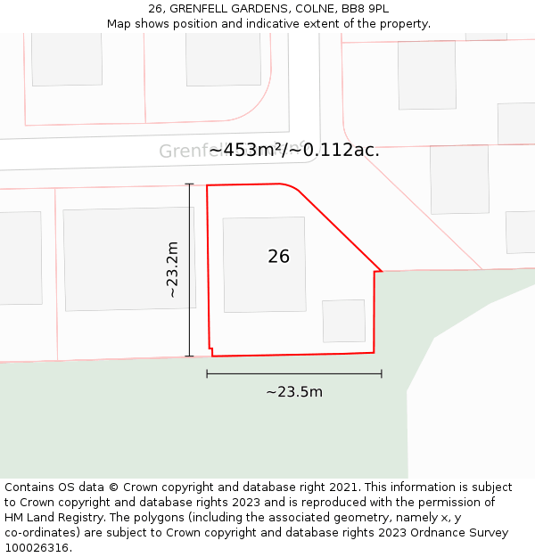 26, GRENFELL GARDENS, COLNE, BB8 9PL: Plot and title map