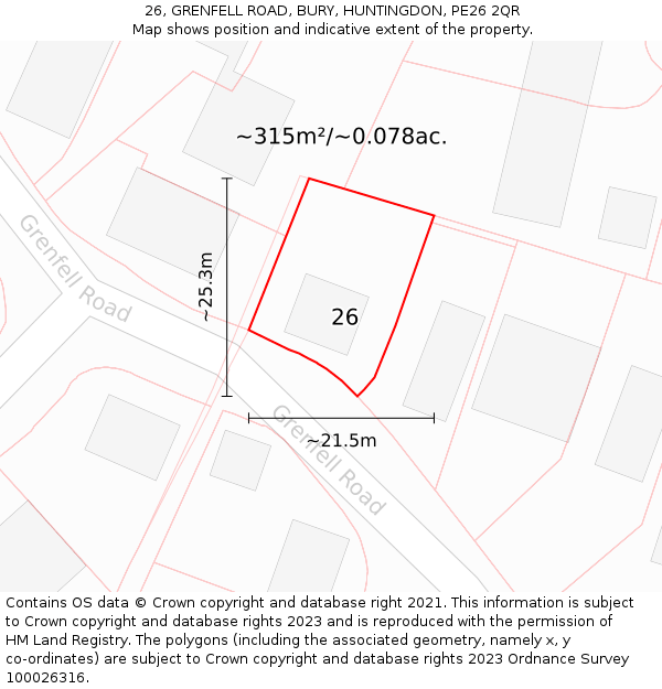 26, GRENFELL ROAD, BURY, HUNTINGDON, PE26 2QR: Plot and title map