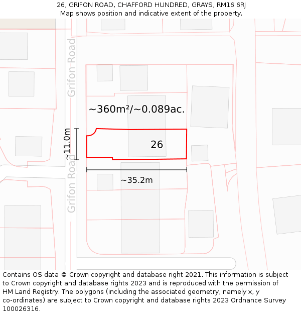 26, GRIFON ROAD, CHAFFORD HUNDRED, GRAYS, RM16 6RJ: Plot and title map