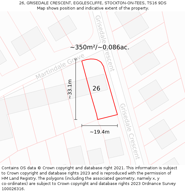 26, GRISEDALE CRESCENT, EGGLESCLIFFE, STOCKTON-ON-TEES, TS16 9DS: Plot and title map