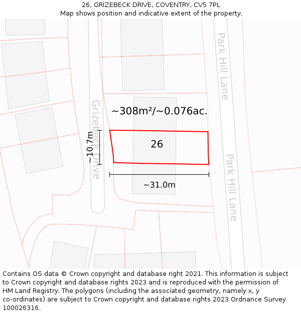 26, GRIZEBECK DRIVE, COVENTRY, CV5 7PL: Plot and title map