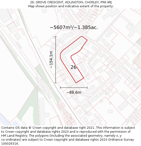 26, GROVE CRESCENT, ADLINGTON, CHORLEY, PR6 9RJ: Plot and title map