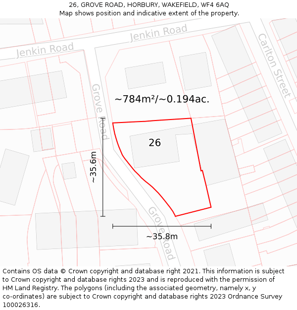 26, GROVE ROAD, HORBURY, WAKEFIELD, WF4 6AQ: Plot and title map