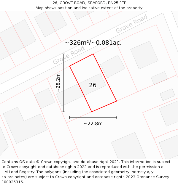 26, GROVE ROAD, SEAFORD, BN25 1TP: Plot and title map