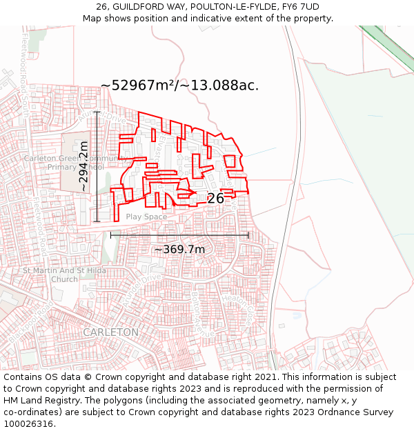 26, GUILDFORD WAY, POULTON-LE-FYLDE, FY6 7UD: Plot and title map